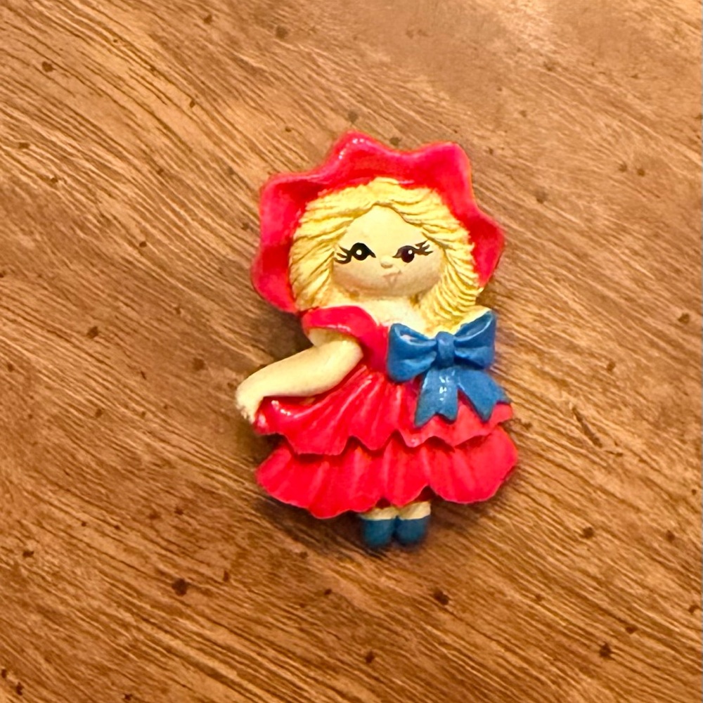 Cute Red Ruffled Doll Brooch 1970s